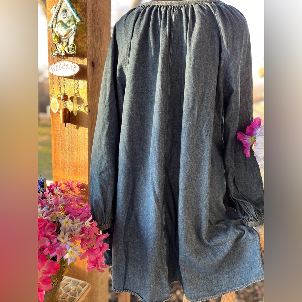 Melrose & Market Peasant Blue Cotton Denim Pullover Dress Puff Sleeves & Pockets - Picture 6 of 7